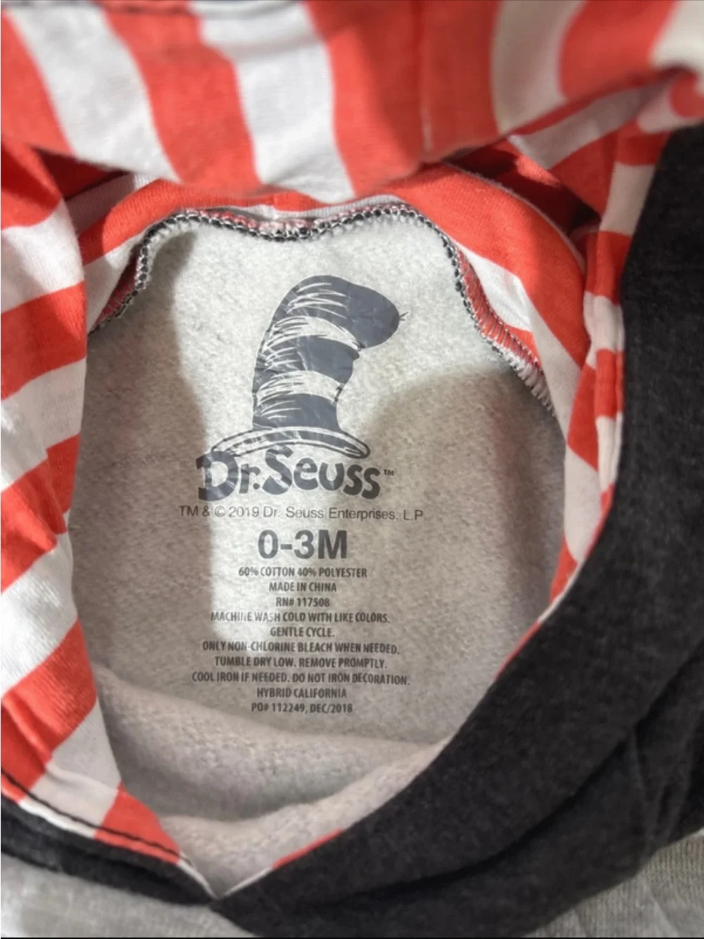 Dr. Seuss Black & Gray Hoodie with Red-White Striped Lining